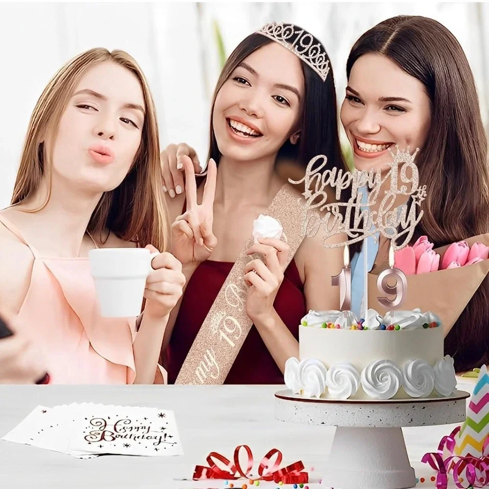 19th Birthday Decorations‎ Rose Gold Party Supplies Set Tiara Tablecover